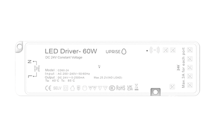 60W 24V undercabinet LED driver. Front View. Inc sensor switch ports.