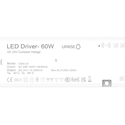 60W 24V undercabinet LED driver. Front View. Inc sensor switch ports.