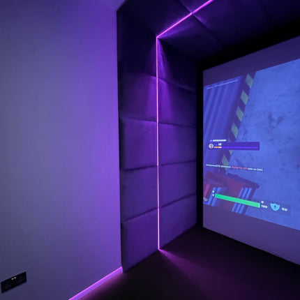 Gaming media room with RGBW COB LED Strip Light 24V. Purple Illumination.