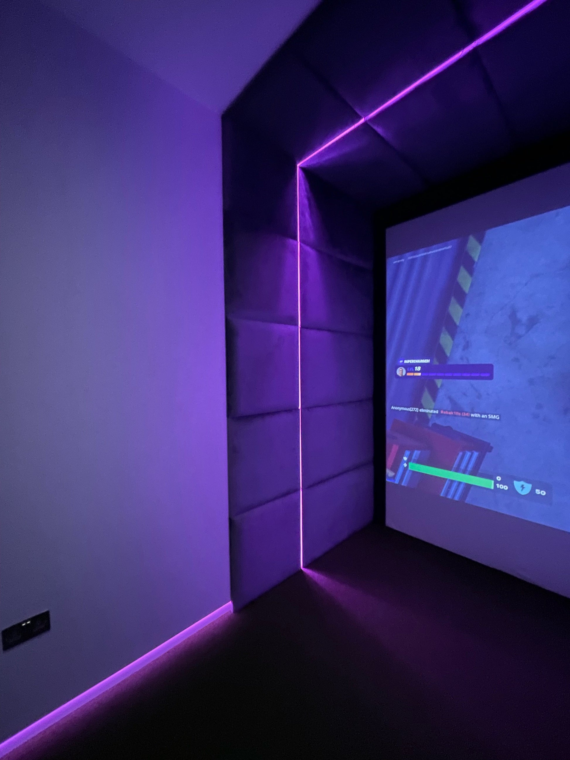 Gaming media room with RGBW COB LED Strip Light 24V. Purple Illumination.