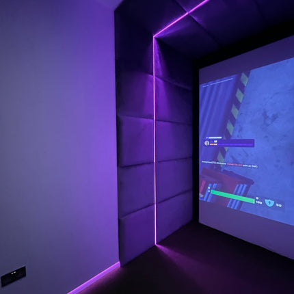 Gaming media room with RGBW COB LED Strip Light 24V. Purple Illumination.