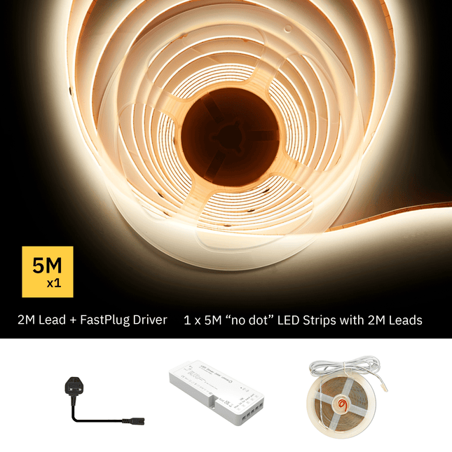 5M 12V warm 3000K COB LED strip light kit with 24W cabinet LED driver. Includes UK to C7 mains lead.