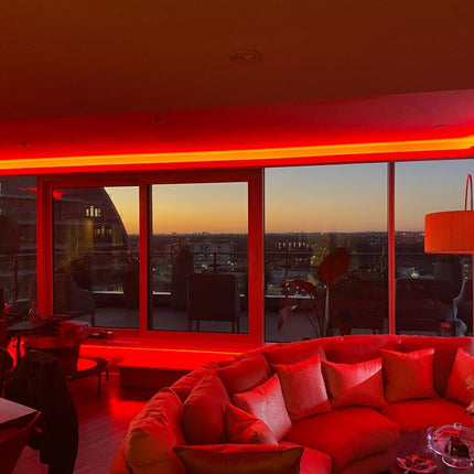London apartment illuminated in red