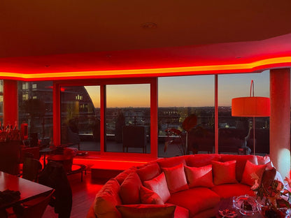 London apartment illuminated in red