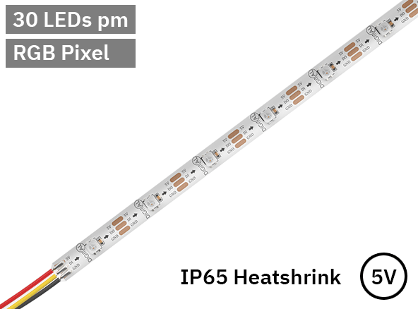 RGB Digital Pixel LED Tape 30LED 5V White PCB. IP65 heat shrink