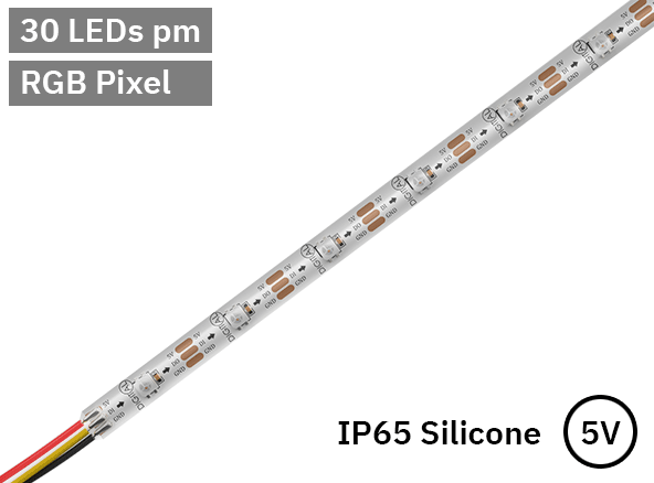 RGB Digital Pixel LED Tape 30LED 5V White PCB. IP65 Silicone