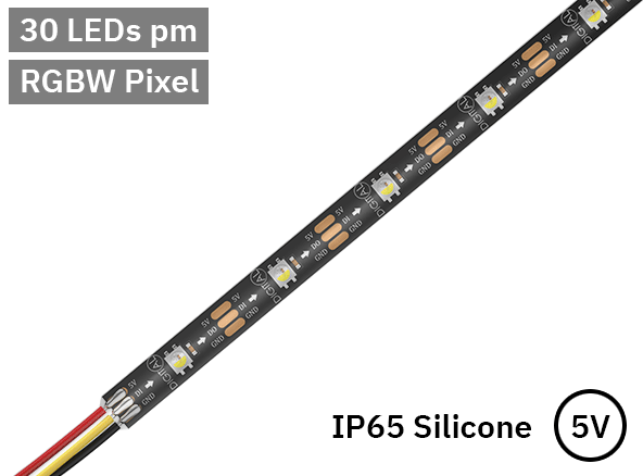 RGBW Digital Pixel LED Tape 30LED 5V Black PCB. IP65 Silicone Gel.