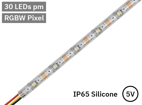 RGBW Digital Pixel LED Tape 30LED 5V white PCB. IP65 Silicone.