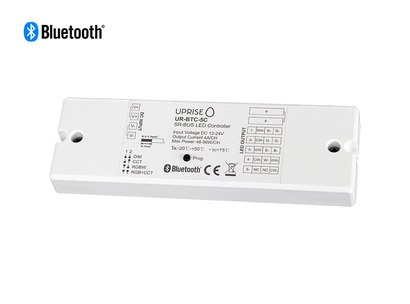 Bluetooth 5CH LED Controller Receiver For RGBCW (12V-24V) Overview 2 - UR-BTC-5C