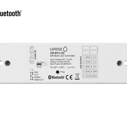 Bluetooth 5CH LED Controller Receiver For RGBCW (12V-24V) Overview - UR-BTC-5C