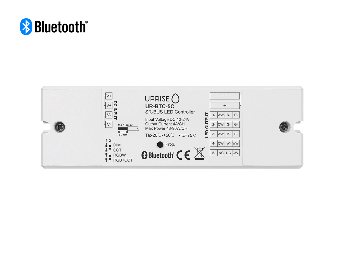 Bluetooth 5CH LED Controller Receiver For RGBCW (12V-24V) Overview - UR-BTC-5C