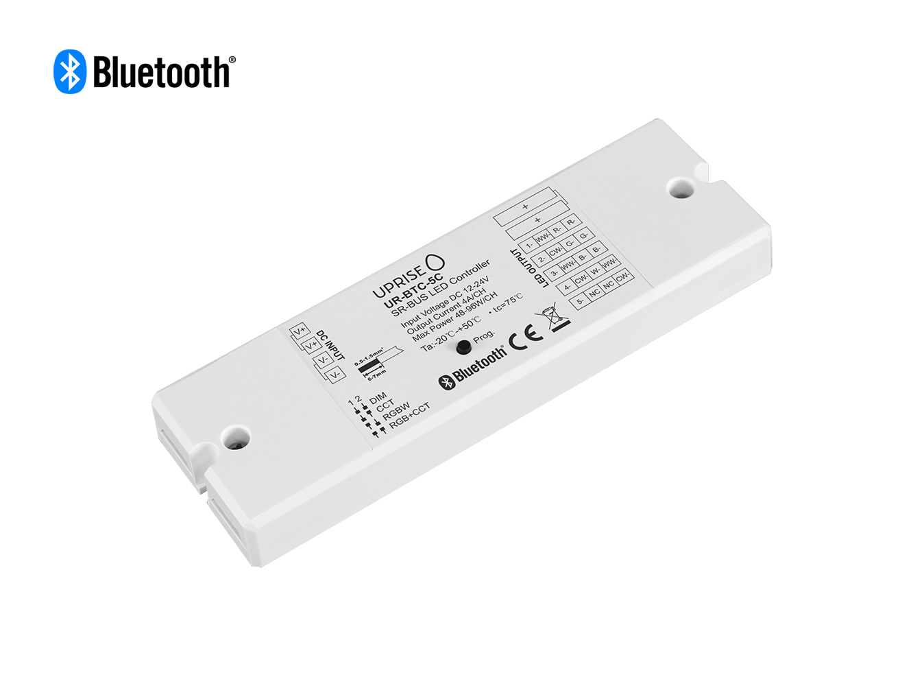 Bluetooth 5CH LED Controller Receiver For RGBCW (12V-24V) Diagonal - UR-BTC-5C