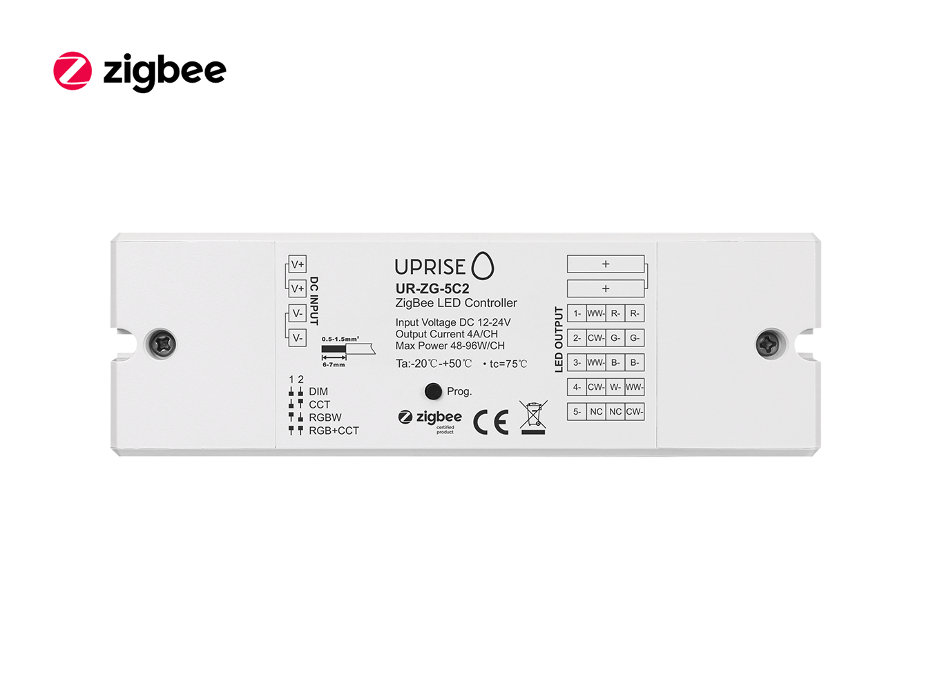 ZigBee 5CH LED Controller Receiver For RGBCW (12V-24V) Overview - UR-ZG-5C2-04b