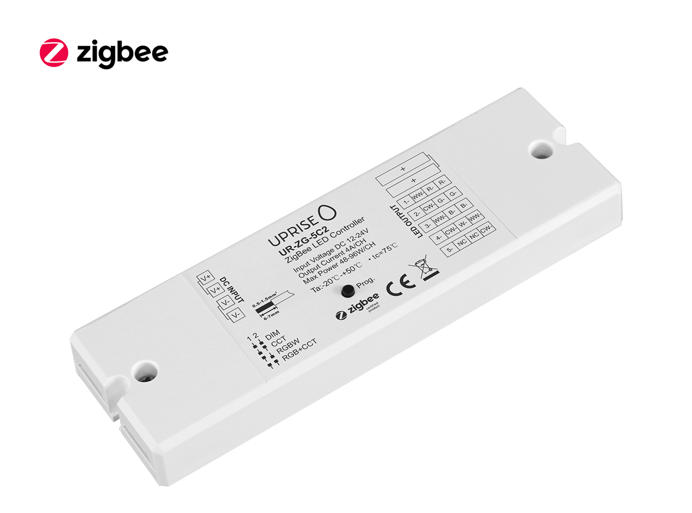 ZigBee 5CH LED Controller Receiver For RGBCW (12V-24V) Diagonal View - UR-ZG-5C2-05b