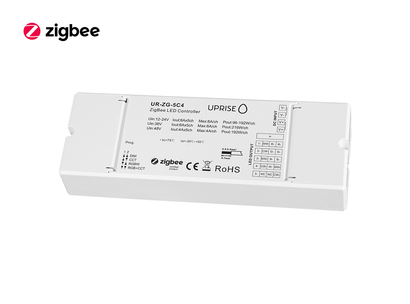 ZigBee 5CH LED Controller Receiver For RGBCW (12V-48V) Diagonal View 3 - UR-ZG-5C2-02