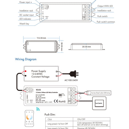 V2-S CCT Dual White 2 Colour 2 Wire LED Strip Controller Dimensions