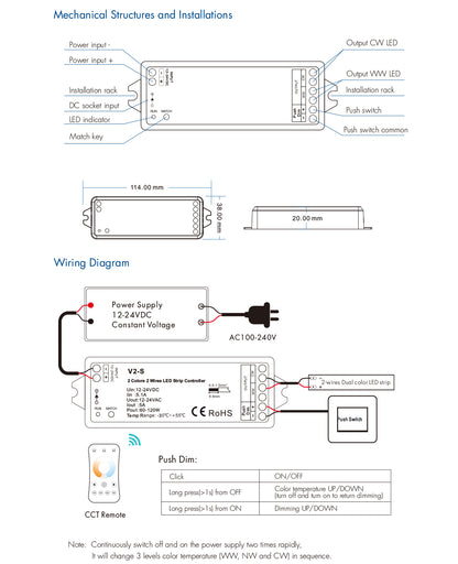 V2-S CCT Dual White 2 Colour 2 Wire LED Strip Controller Dimensions