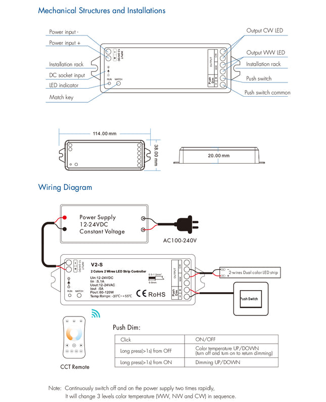V2-S CCT Dual White 2 Colour 2 Wire LED Strip Controller Dimensions