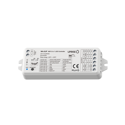 WA-5UP RGBCCT (RGB, RGBW, RGB + CCT) Wifi LED Controller Receiver. 12V-24V. Tuya App Compatible.