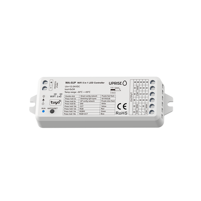 WA-5UP RGBCCT (RGB, RGBW, RGB + CCT) Wifi LED Controller Receiver. 12V-24V. Tuya App Compatible.