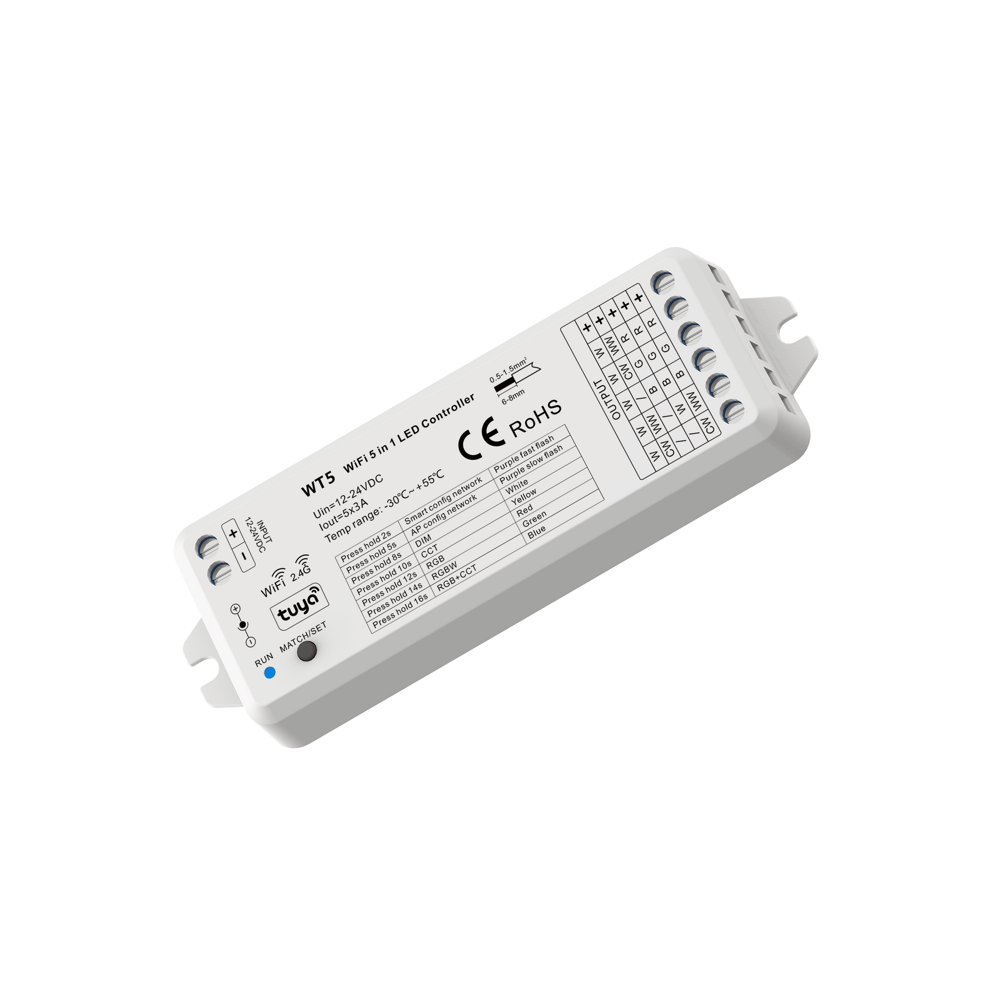 WT5 5CH multi LED light source smart wireless LED controller receiver. Works with 12V-24V LED tape or LED light sources.