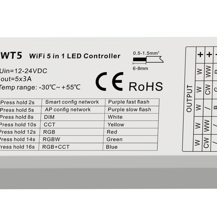 WT5 5 Channel Amazon Echo interface with smart wireless control capability. Compatible with 12V or 24V LED light sources. 