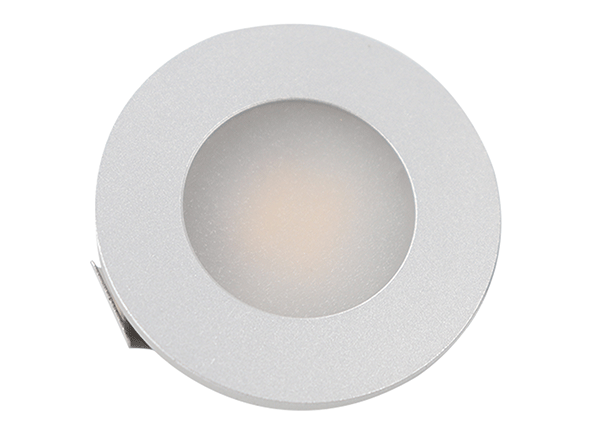Front view of silver recessed spotlight, 3000K, 1.5w, 12v.