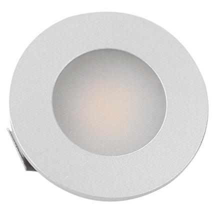 Front view of silver recessed spotlight, 3000K, 1.5w, 12v.