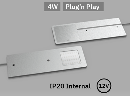 Silver undercabinet surface pad light, 3000K, 4w, 12v.