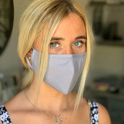 Woman wearing reusable copper infused face mask right side profile